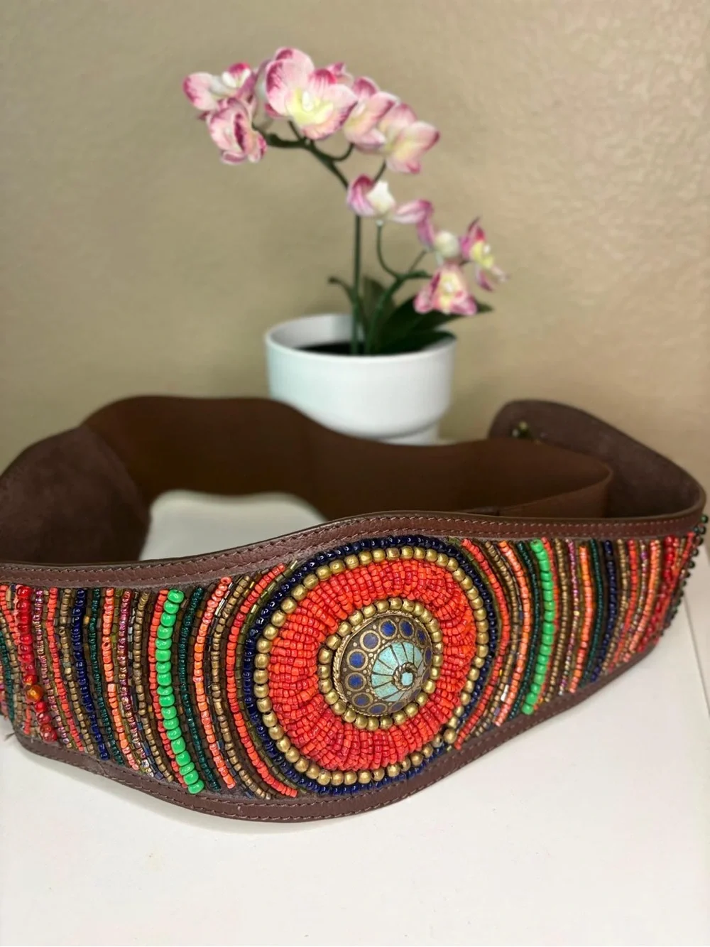 Boho Beaded Wide Leather Statement Belt Turquoise Concho Cowrie Shells